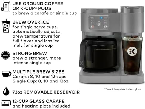 K-Duo Essentials Hot & Iced Coffee Maker Single Serve KCup Pod & 12-Cup Glass Carafe Dual Brew System 72oz Reservoir (MOONLIGHT GREY) - Image 2