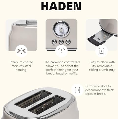 Haden Dorset 2 Slice Wide Slot Stainless Steel Toaster, Putty & Chrome - Image 3
