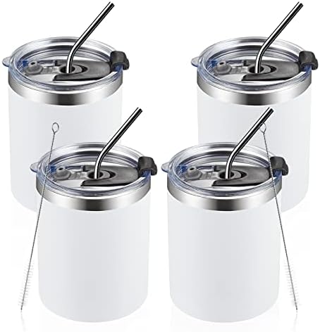 MEWAY 12 oz Lowball, Tumbler Stainless Steel Double Wall Vacuum Insulated Mug with Straw and Lid, Cleaning Brush ，Durable Powder Coated Insulated Coffee Cup for Cold & Hot Drinks (White,4 pack) by MEWAY