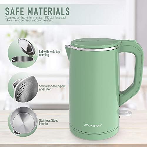 COOKTRON 1.7L Electric Kettle Quiet, Double Wall Hot Water Boiler BPA-Free, Quiet Boil and Cool Touch Tea Kettle, Cordless with Auto Shut-Off & Boil Dry Protection, 1500W Fast Boiling, Green - Image 2