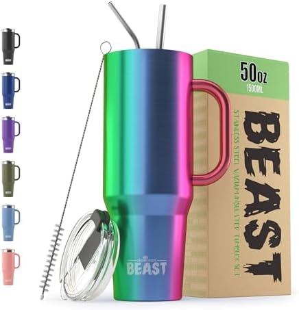 Beast 50 oz Tumbler with Handle Stainless Steel Vacuum Insulated Coffee Ice Cup Double Wall Travel Flask (Rainbow) by GreensSteel