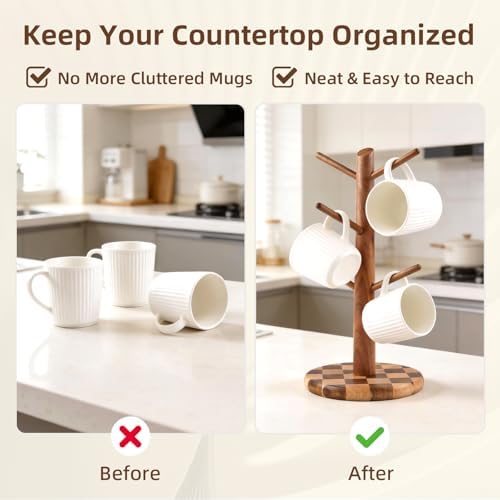 Natural Wood Mug Holder for Counter Top, Acacia Wood Coffee Mug Tree - Image 3