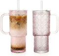 20 oz Pink Glass Tumbler with Lid and Straw, Glass Iced Coffee Cups, Spill-proof Glasses Tumbler with Handle, Hobnail Glasses Drinking Set of 2, Vintage Glassware for Cocktail, Smoothies by Unknown