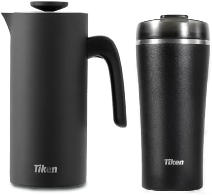 Tiken Black French Press Coffee Maker AND Black Insulated Tumbler, Stainless Steel Coffee Maker by WelcometoTikenWare
