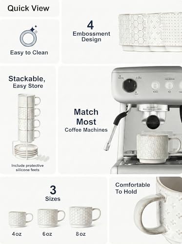 LE TAUCI 8 oz Stackable Latte Cups with Saucers and Stand, Set of 4, Large Ceramic Coffee Cup and Saucer Set for Tea, Cafe Au Lait, Microwave & Oven Safe - Embossed White - Image 5