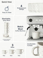 LE TAUCI 8 oz Stackable Latte Cups with Saucers and Stand, Set of 4, Large Ceramic Coffee Cup and Saucer Set for Tea, Cafe Au Lait, Microwave & Oven Safe - Embossed White - Image 5