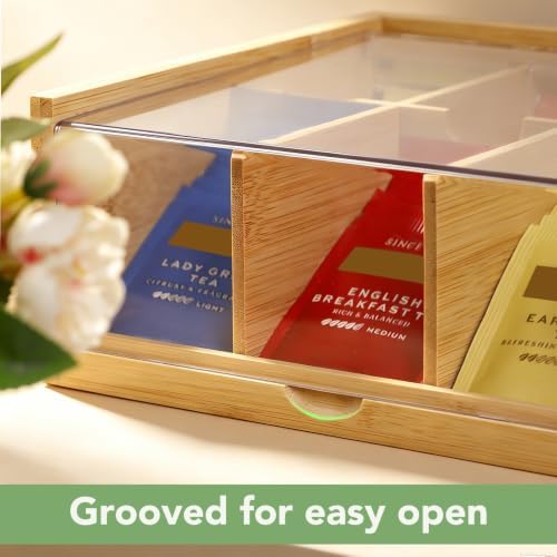HTB Bamboo Tea Bag Organizer Storage Box with 6 Compartments - Image 2