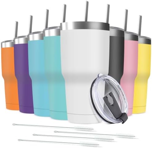 30oz Stainless Steel Travel Mug with Lid, 8 Pack Double Wall Vacuum Insulated Bulk Tumbler with 8 Straws, Powder Coated Coffee Cup Suitable for Vehicle Cup Holders(Assorted Colors) by Deitybless