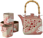 Porcelain Tea Set Square Shape 20 fl oz Teapot with 4 Hexagon Cups Hand Painted Cherry Blossoms Rabbit Design Top Handle Japanese Style (Pink) by Urban+Tokyo