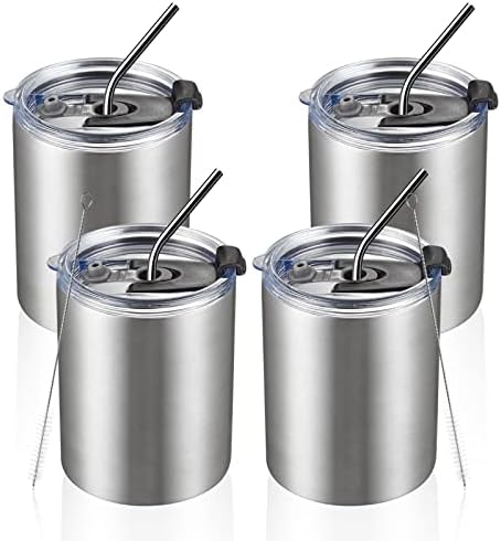 MEWAY 12 oz Lowball, Tumbler Stainless Steel Double Wall Vacuum Insulated Mug with Straw and Lid, Cleaning Brush ，Durable Powder Coated Insulated Coffee Cup for Cold & Hot Drinks (Silver,4 pack) by MEWAY