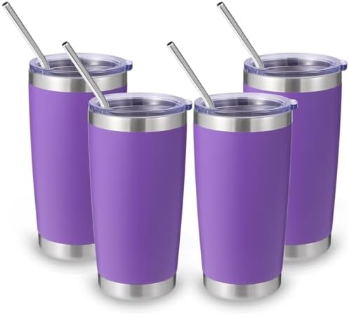 Volhoply 20oz Stainless Steel Tumbler with Lid and Straw Bulk 4 Pack,Double Wall Insulated Travel Iced Coffee Mug Fits Cup Holder,Powder Coated Cups for Hot/Cold Drinks,Gifts for Women（Purple,4 Set） by LiveFully%EF%BC%8CDrinkFreely%E2%80%94KeepGoingwithVolhoply%EF%BC%81