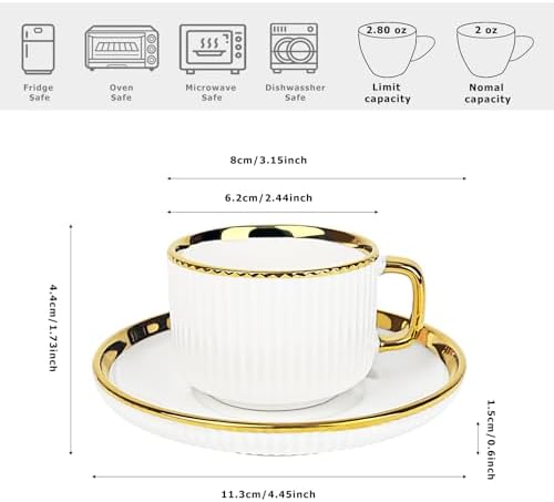 ALIMOTA 3oz White Gold Ceramic Coffee Mug Set of 6, Latte Mugs with Saucers, White Latte Cups and Espresso Mug for Specialty Coffee Drinks, Latte, Cafe Mocha, Tea - Image 5