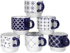 Schliersee 12 OZ Stackable Ceramic Coffee Mugs set of 6, Geometric Floral Pattern Small Mug, Blue White Porcelain Coffee Mug, Stacking Coffee Mugs, Tea Mug, Water Cup, Dishwasher Safe, Microwave Safe by Schliersee