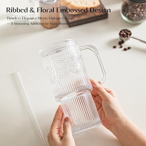 INSETLAN 24 oz Ribbed & Floral Glass Tumblers with Handle, Set of 2 Cups - Image 4