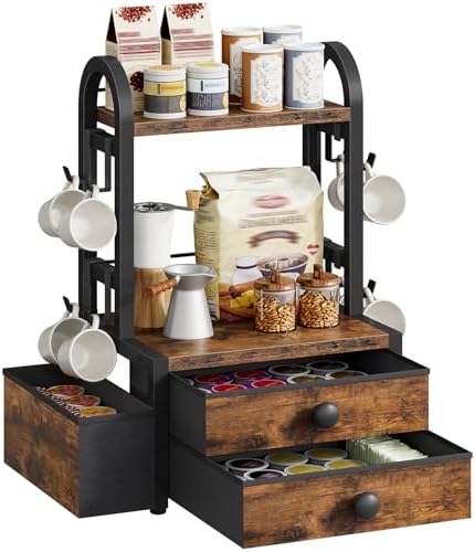 HOOBRO Coffee Mug Tree, 2 Tier Mug Organizer, Coffee Mug Cup Holder with a Sliding Drawer, Mug Display Stand with 8 Hooks, Countertop Holder Rack, Black and Rustic Brown BF04CR01 by HOOBRO
