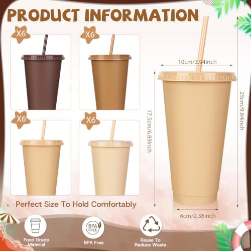 24 Pack Plastic Tumblers with Lids and Straws, Reusable Cups with Lids Plastic Colorful Cups for Parties Birthdays, Iced Coffee Cup Cold Drink Cups Bulk Tumblers (24 oz, Gradient Khaki Colors) - Image 2