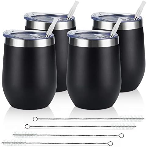 Lifecapido 4 Pack 12Oz Stainless Steel Stemless Wine Glasses, Insulated Wine Tumbler, Stainless Steel Wine Tumbler Cups with Lids and Straws for Coffee, Cocktails, Wine, Champaign, Black… by Lifecapido