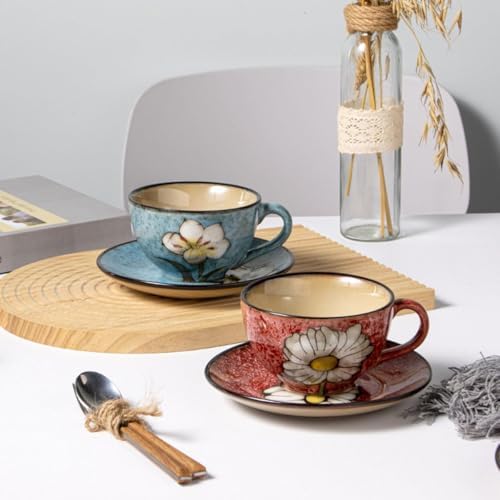 Cappuccino Cups with Saucers Set of 4 – 8oz Ceramic Coffee Cups, Latte Espresso Mugs with Floral Design, Colorful Coffee Cup Set for Cappuccino, Latte, Mocha (4 colors) - Image 7