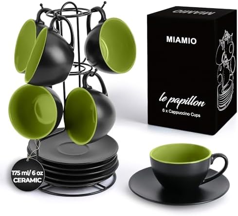 MIAMIO - Set of 6, Ceramic Stackable Cappuccino Cups Set / 6 Ounce Cappuccino Mugs and Saucer with Metal Stand for Coffee Drinks, Cafe, Latte, Americano and Tea - Le Papillon Collection (Green) by MIAMIO
