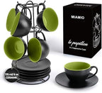 MIAMIO - Set of 6, Ceramic Stackable Cappuccino Cups Set / 6 Ounce Cappuccino Mugs and Saucer with Metal Stand for Coffee Drinks, Cafe, Latte, Americano and Tea - Le Papillon Collection (Green) by MIAMIO