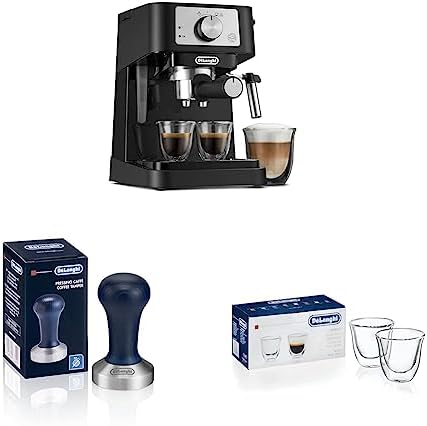 De'Longhi Stilosa Manual Espresso Machine, Latte & Cappuccino Maker & DLSC058 Coffee Tamper & DeLonghi Double Walled Thermo Espresso Glasses, Set of 2, Regular, Clear, 90 milliliters by Unknown