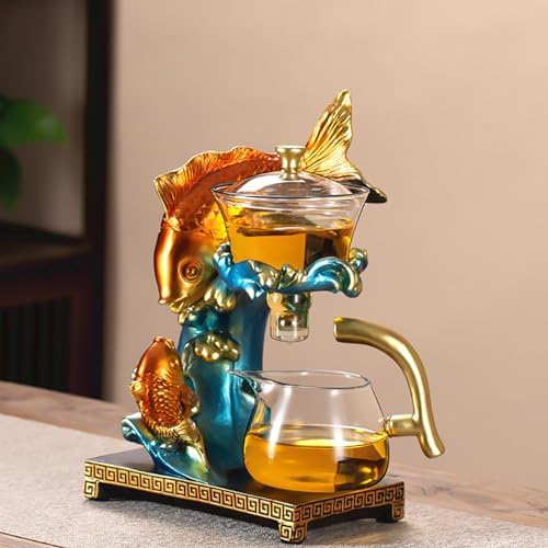 YUDIZWS Lazy Kungfu Drip Teapot,Heat Resistant Tea Set,Sturdy High Borosilicate Glass Teapot,Magnetic Water Diversion Semi-Automatic Teapot Set Magic Tea Set of Holiday Gifts,B fish tea set - Image 6