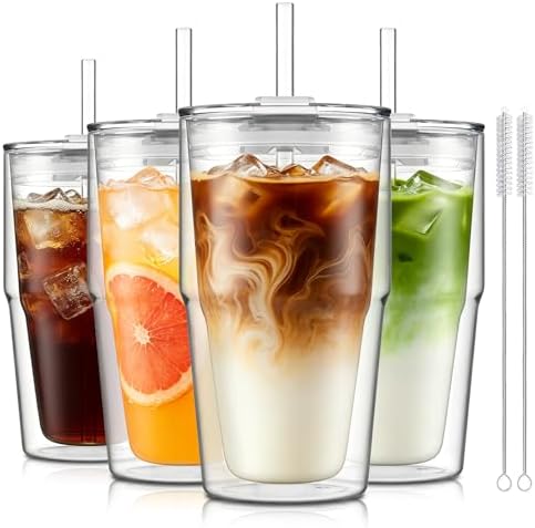 KEMORELA Set of 4 Double-Walled Glass Cups, 16 oz / 480 ml Insulated Tumblers for Iced Coffee, Latte, Matcha, Smoothies, Bubble Tea & Cold Drinks – Clear Modern Glassware, Reusable for Home & Parties by KEMORELA