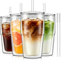 KEMORELA Set of 4 Double-Walled Glass Cups, 16 oz / 480 ml Insulated Tumblers for Iced Coffee, Latte, Matcha, Smoothies, Bubble Tea & Cold Drinks – Clear Modern Glassware, Reusable for Home & Parties by KEMORELA