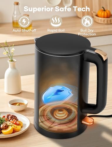 Electric Kettle, Double Wall 1.7L Stainless Steel Cool Touch, Water Boiler & Heater, 1500W Hot Tea Pot, Boil Dry Protection & Cordless Base, BPA-Free, Black - Image 5