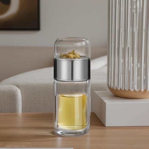 Silver Travel Tea Tumbler, 11.8 Oz Glass Infuser Bottle, Heat-Resistant Double Wall Design for Loose Leaf Tea - Image 2