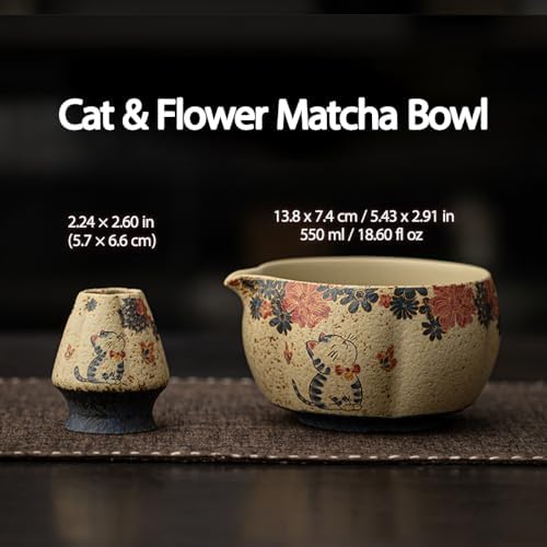8-Piece Matcha Whisk Set - Matcha Bowl Set with Cat Pattern, Hand-Painted Cat and Floral Japanese Tea Kit, Ideal Gift for Birthdays, Christmas and Valentine Day, Flint Red Porcelain - Image 3
