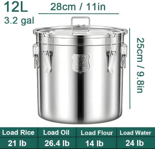 3.2Gal 304 Stainless Steel Kitchen Airtight Canister, 405oz Flour Container with Lid and Locking Clamp,10-21Lbs Metal Bucket Food Storage Container for Rice Flour Grain Coffee Bean(12L) - Image 2