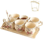 Ceramic Cup Set of 6 with 6 Spoons and a Tray, 350ml Capacity, Cup Set with Stand for Tea Party or Wedding, White Rose by OptmAVth
