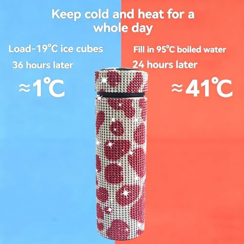 17 oz Bling Stainless Steel Water Bottle Rhinestone Vacuum Water Bottle Glitter Bottles Diamond Vacuum Flask Mug Gift Girls Women (500ml),Cow Red - Image 4