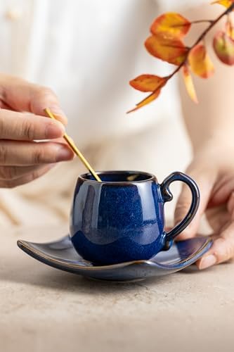 LYEOBOH 3oz Espresso Cups with Saucers, Small Coffee Cups Set of 6 with Spoons and Metal Stand, Ceramic Cute Demitasse Cups for Housewarming Wedding Gift, Cobalt Blue - Image 7