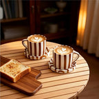 2-Pack Ceramic Coffee Mug and Saucer Set, 8 oz Hand-Painted Green Stripe Porcelain Espresso Cups for Latte, Tea, Cappuccino (Brown) - Image 3