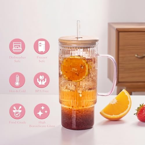 32oz Ribbed Glass Cup with Handle Bamboo Lid and Straw, Glass Tumbler, Iced Coffee Cups Hot/Cold Drinks (Pink Handle) - Image 4