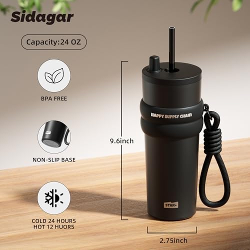 SDGA+ 24 oz Stainless Steel Tumbler with Lid and Straw, Insulated Water Bottle Leak Proof for Hot and Cold, Portable Travel Coffee Mug, Reusable Coffee Cup for Women, Black - Image 2