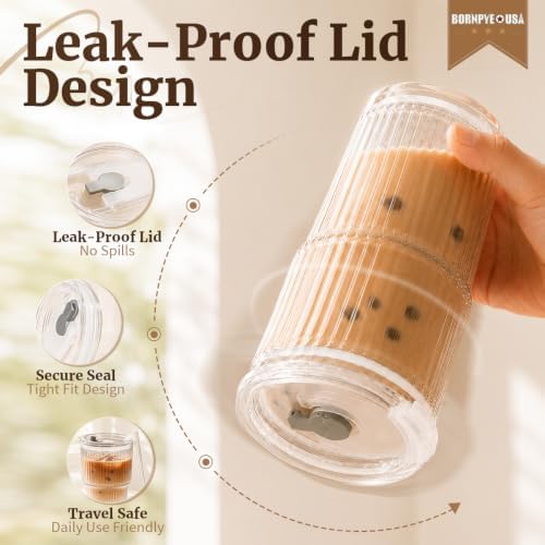 16-Pack 20oz Iced Coffee Cups with Lids and Straws, Reusable Glass Coffee Tumblers Set for Iced Coffee, Smoothies, Juice & Water, Leak-Resistant Cups for Home, Office & On-the-Go Use - Image 4