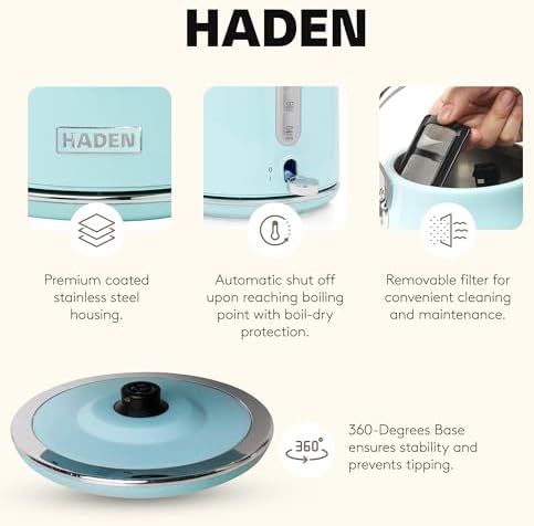 Haden Heritage 1.7 Liter Stainless Steel Retro Electric Tea Kettle with Auto Shutoff and Dry Boil Protection, Light Turquoise - Image 3