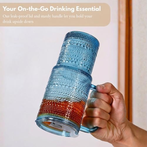 20 oz Blue Glass Tumbler with Lid and Straw, Glass Iced Coffee Cups, Spill-proof Glasses Tumbler with Handle, Glasses Drinking Set of 4, Vintage Glassware for Cocktail, Smoothies - Image 4