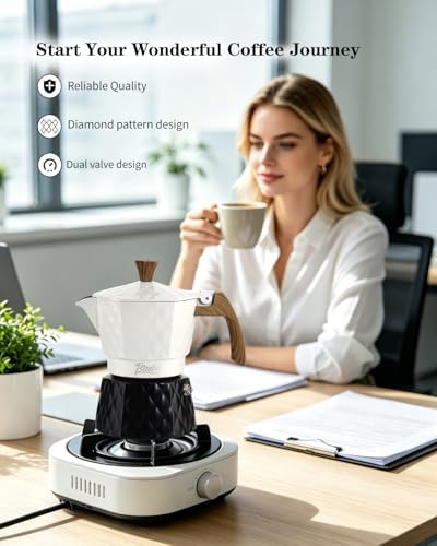 Bincoo 120ML Stovetop Espresso Maker Double Valve Moka Pot with Thermostat Extractor Prevent over-extraction,Italian Espresso Moka Pot with Powder Dispenser and Filter Paper for Home (White/Black) - Image 7