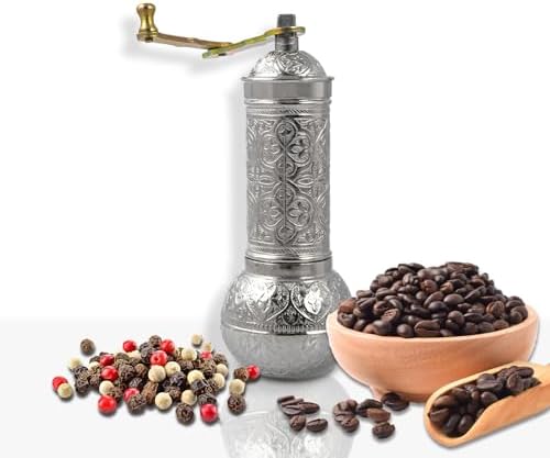 Decorative Handmade Coffee Grinder, Refillable Turkish Spice Mill, Manual Coffee Mill with Handle, Coffee Grinder Metal with Hand Crank 18 cm-7.1 inch (Silver) by Glios
