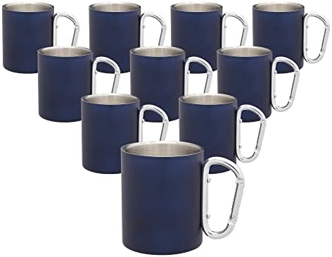 DISCOUNT PROMOS Stainless Steel Mugs with Carabiner Handle 10 oz. Set of 10, Bulk Pack - Perfect for Coffee, Soda, Other Hot & Cold Beverages - Navy Blue by DISCOUNTPROMOS