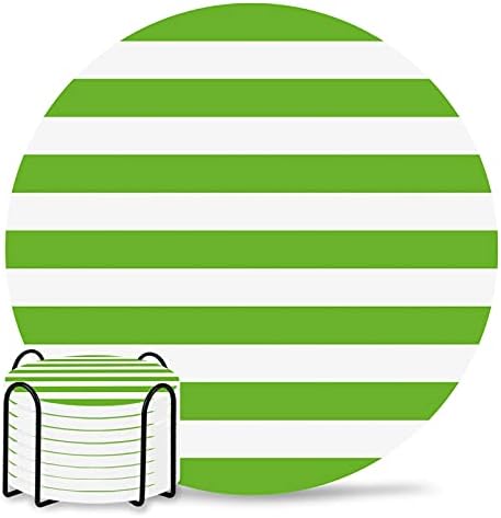 Coasters for Drinks Set of 8 with Holder, Green and White Stripes Ceramic Cup Mat, Absorbent Ceramic Stone Coasters with Cork Base for Coffee, Cups, Wooden Table, Home Decor 4 Inch by Daleng