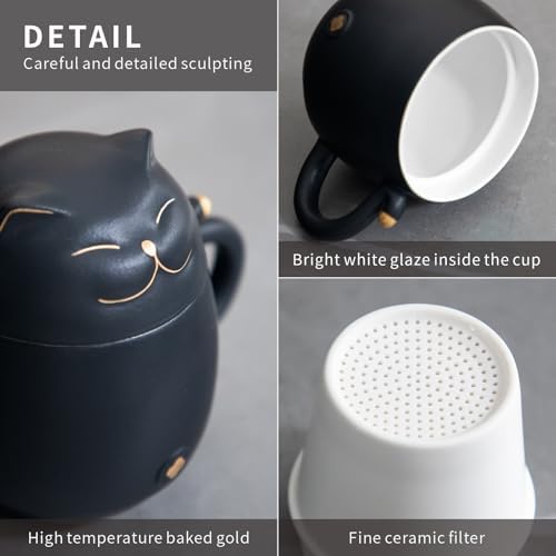 HEER Ceramic Black Cat Tea Cup 10oz with Infuser and Lid, Black - Image 6