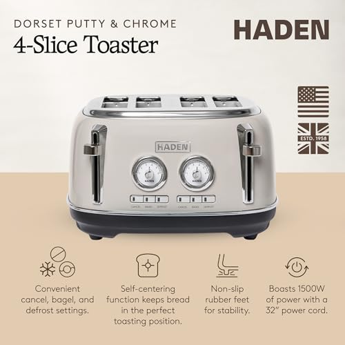 Haden Dorset 4-Slice Wide-Slot Toaster, Stainless-Steel Bread Toaster with Adjustable Browning Control, Crumb Tray & Non-Slip Feet, Putty & Chrome - Image 2