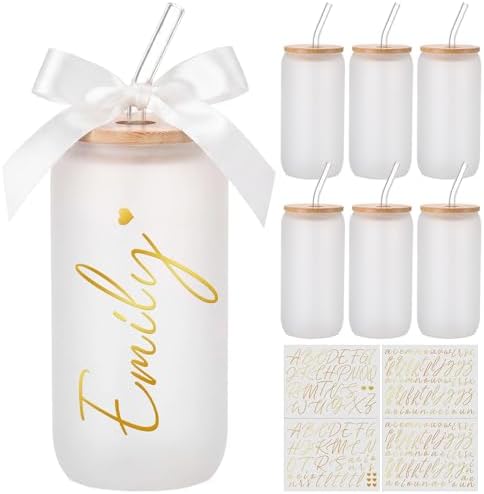Skylety 6 Set Frosted Personalized Glass Cups with Name Stickers by Skylety