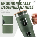 32oz Glass Tumbler with Handle and Straw, Bamboo Lid, Silicone Sleeve, Reusable Iced Coffee Cup for Travel, Home, Office (OLIVE) - Image 2