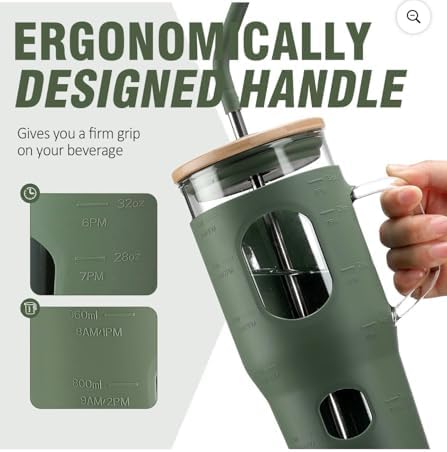 32oz Glass Tumbler with Handle and Straw, Bamboo Lid, Silicone Sleeve, Reusable Iced Coffee Cup for Travel, Home, Office (OLIVE) - Image 2